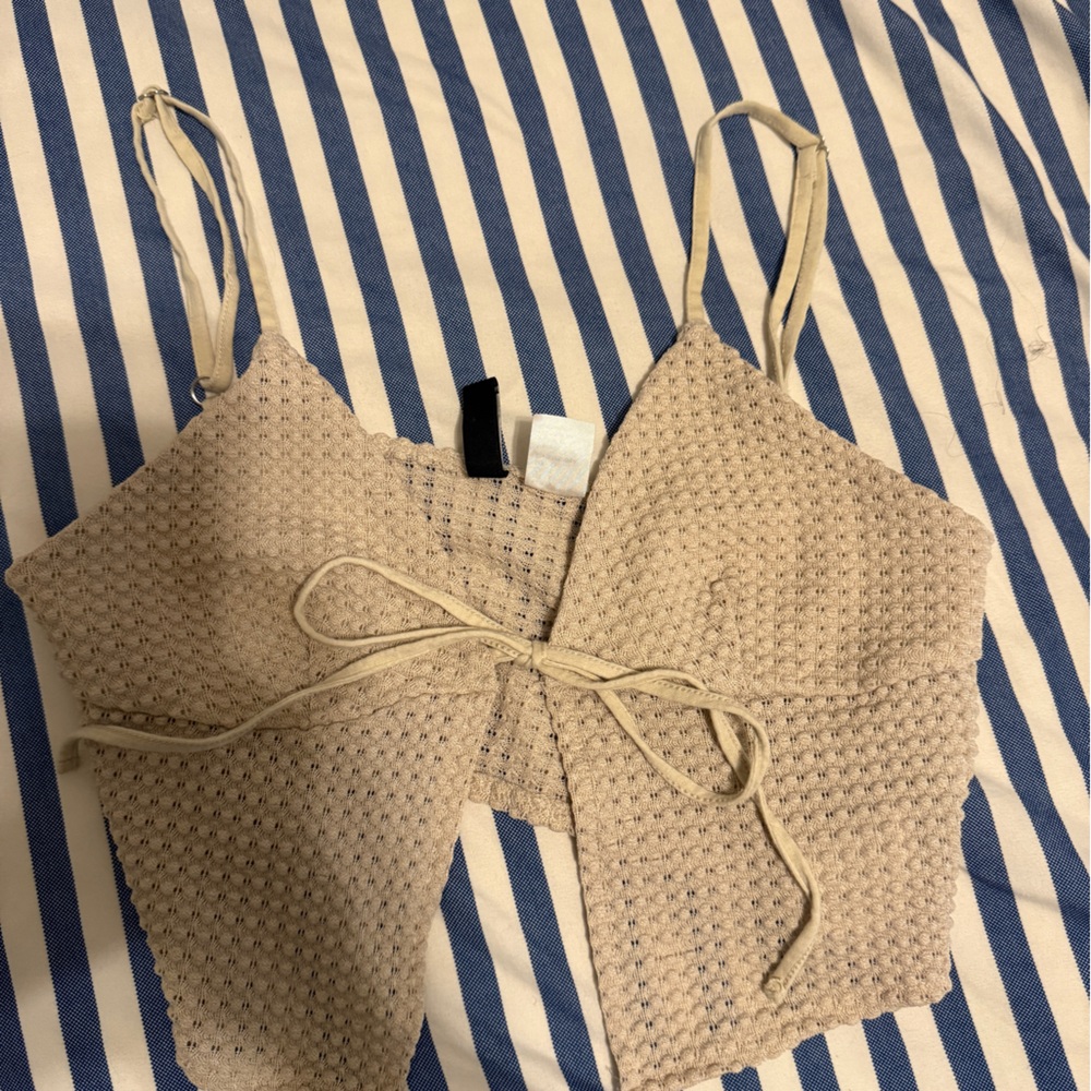 Beige tie front top